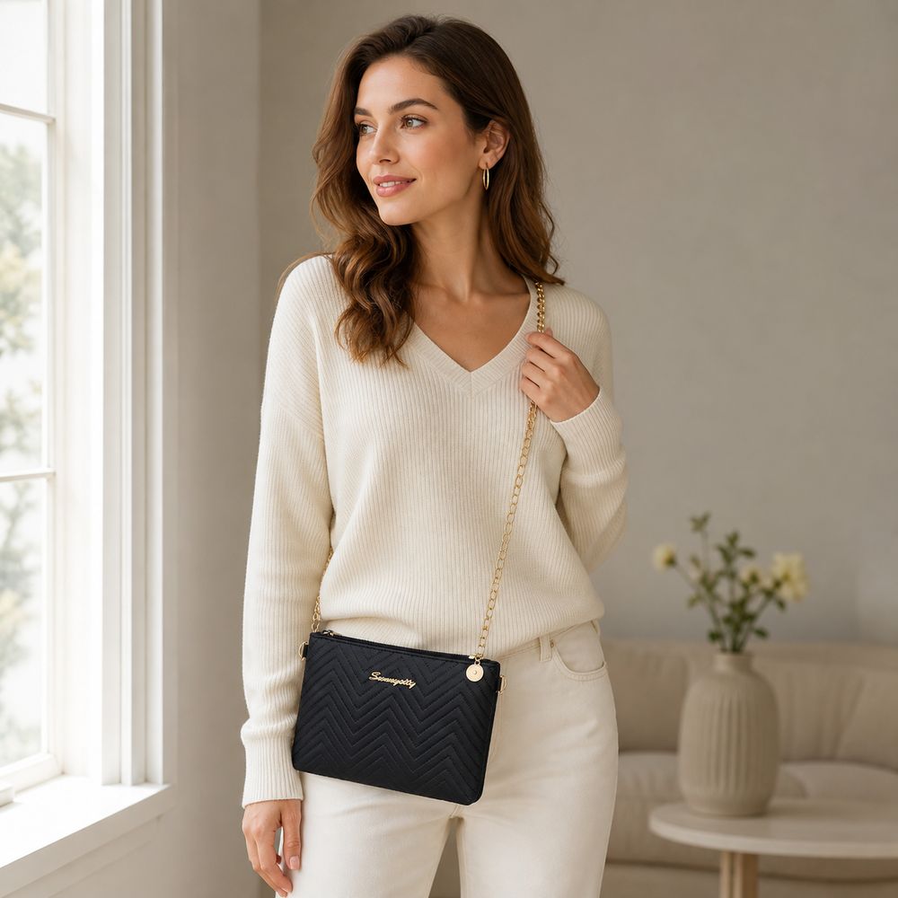 Chain Crossbody Quilted - PU-Leder Damen Umhängetasche Gesteppt mit Reißverschluss