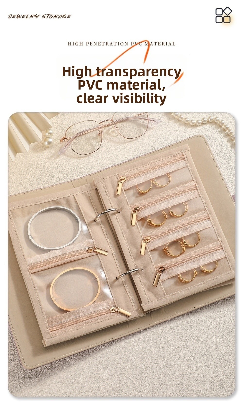 Luxury Bags List - Transparentes Schmuck-Aufbewahrungsbuch aus Samt mit Reißverschluss,